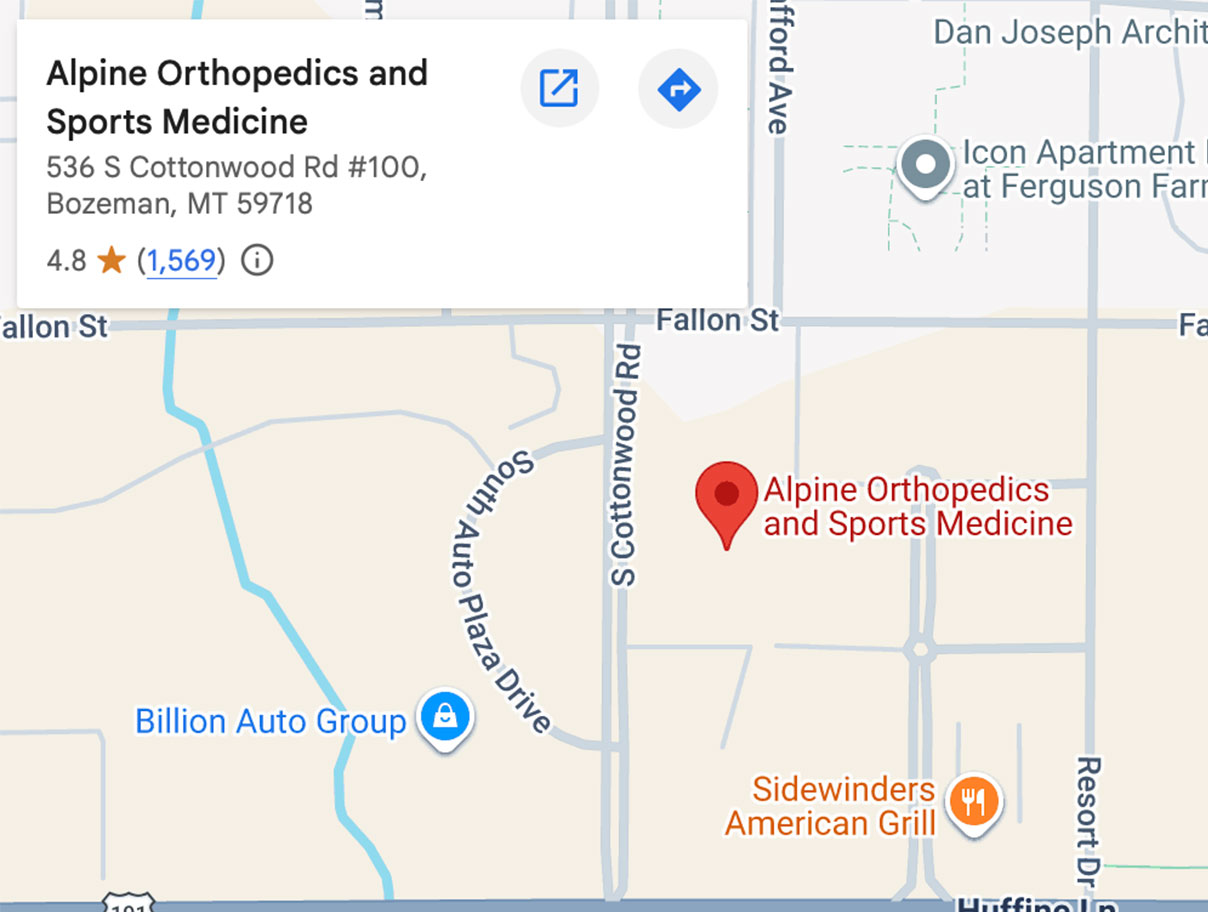 Map showing directions to Dean Sukin office at Alpine Orthopedics and Sports Center